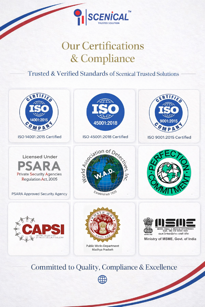 Scenical Official Certifications: ISO 14001:2015, ISO 45001:2018, ISO 9001:2015, PSARA License, CAPSI Code of Practice, Public Works Department Compliance